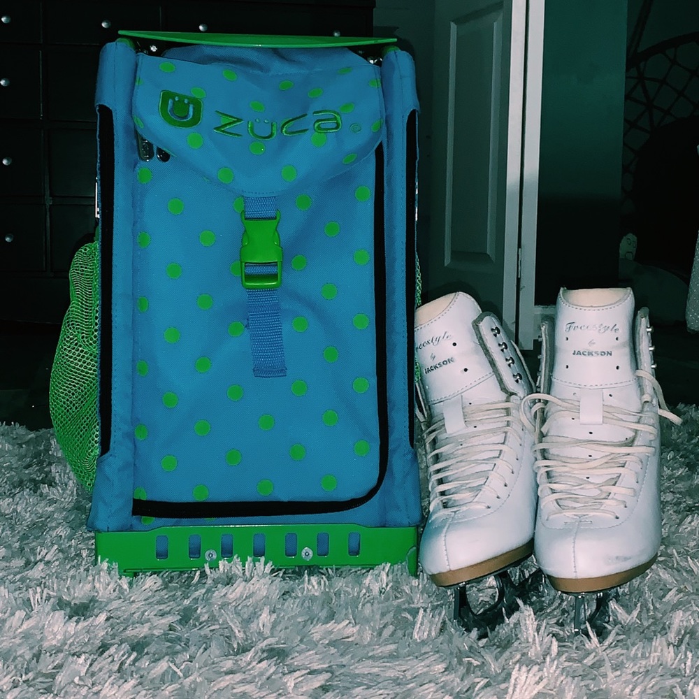 COPY - Zuca Figure Skating Bag Green and Blue Polka Dot
